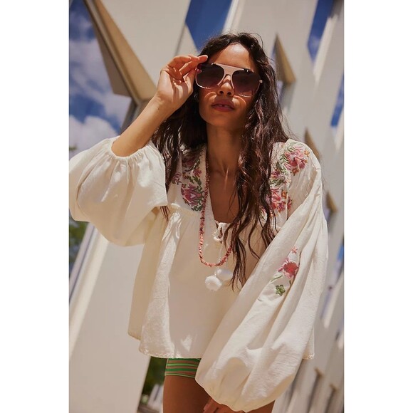 Free People Lucia Blouse Top Floral Embroidered Cotton Balloon Sleeve S 283596 - Picture 2 of 8